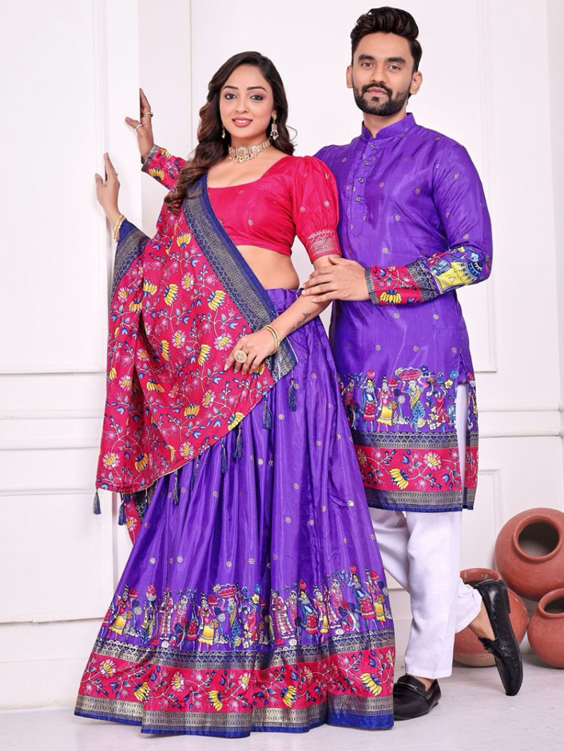 Ethnic Festive Traditional Couple Matching Dola Silk Kurta Pajama & Lehanga  Combo Set