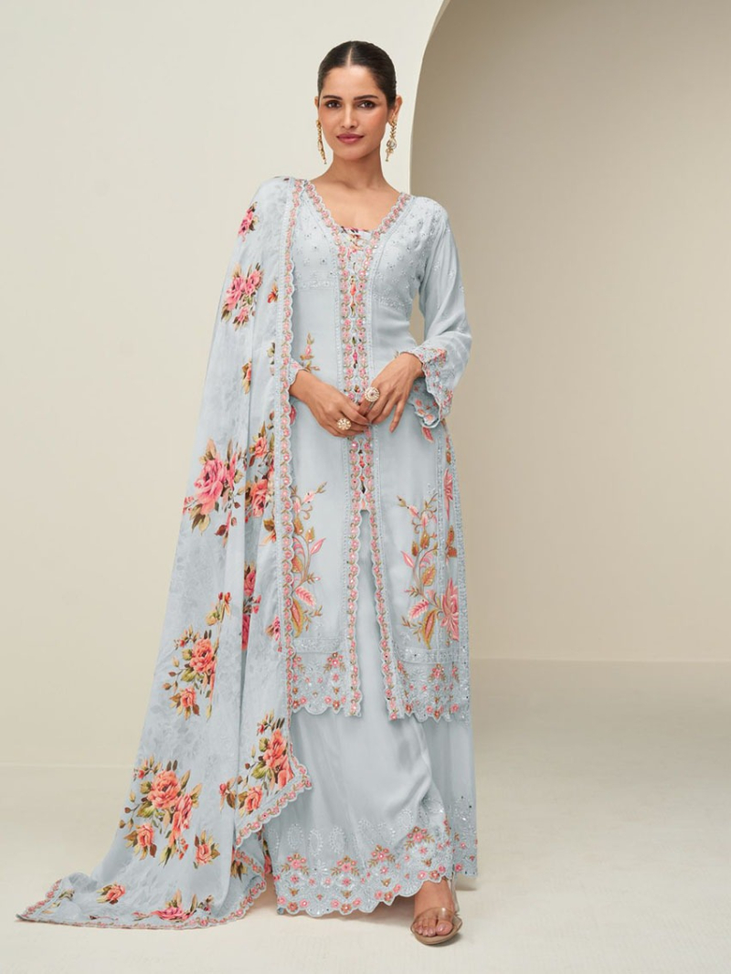 Designer Traditional Ethnic Festive Chinnon Silk Plazo Suit