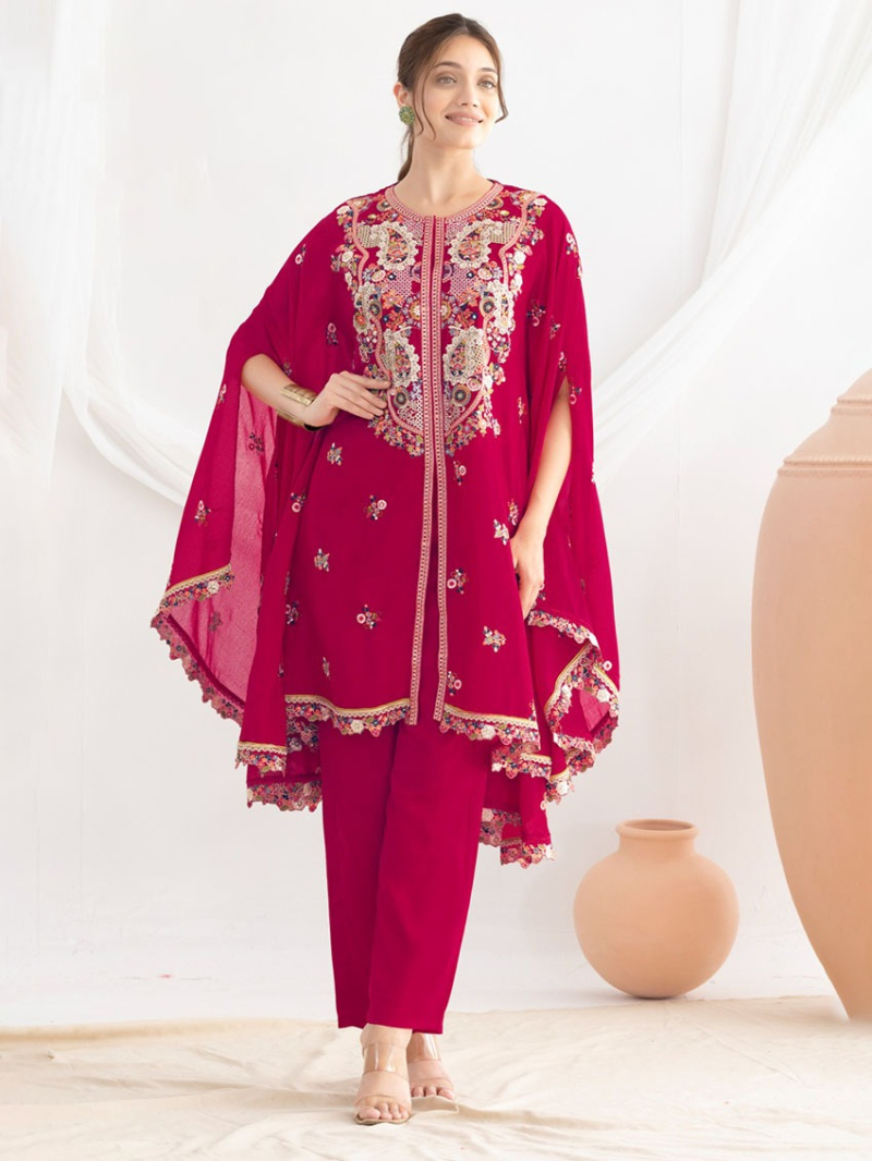 Ethnic Elegant Festive Traditional  Raspberry Chinnon Floral Embroidery Kaftan Set