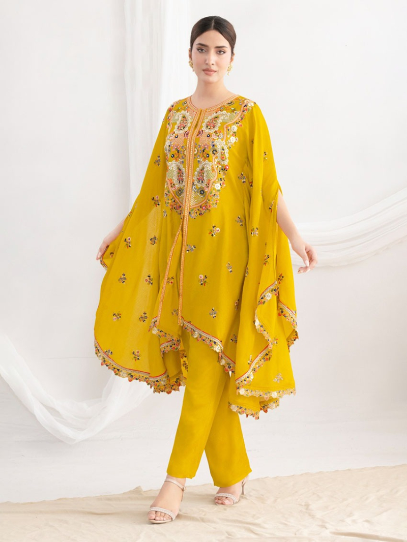 Traditional Ethnic Elegant Festive Mustard Yellow Chinnon Floral Embroidery Kaftan Set