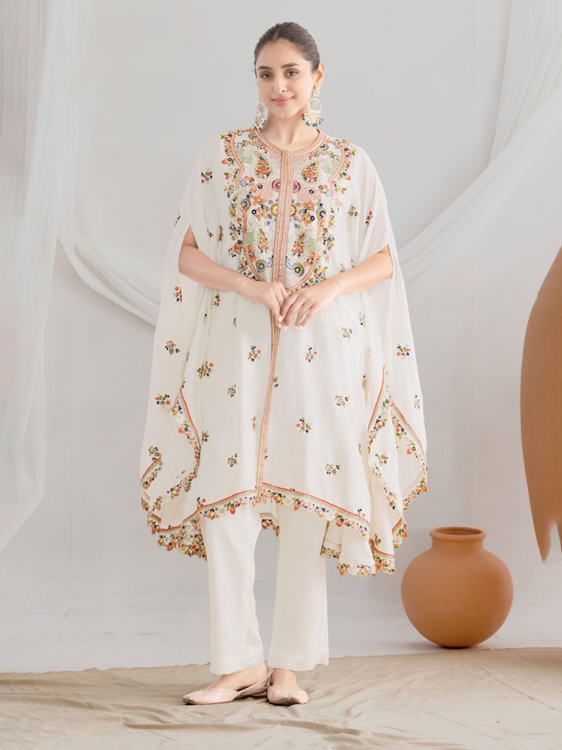 Elegant Designer Ethnic  Ivory Chinnon Floral Embroidery Kaftan Set