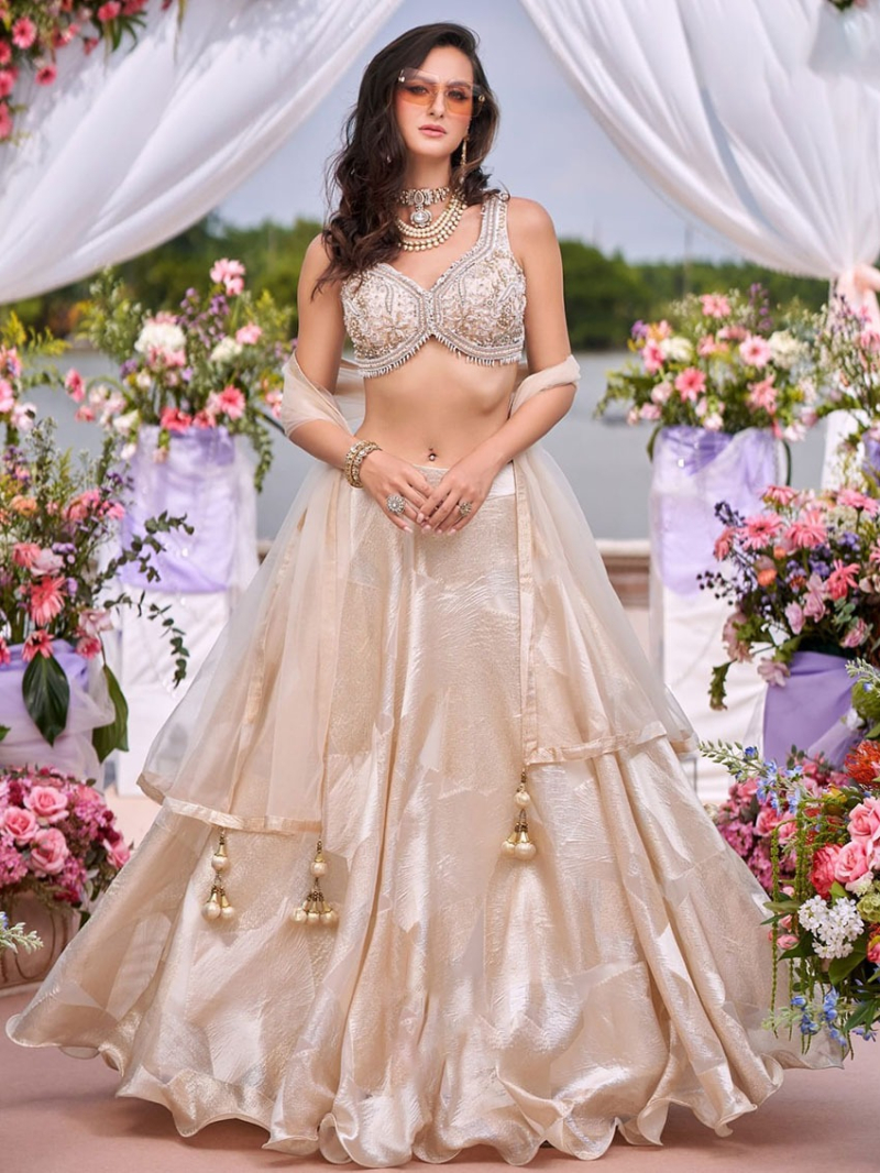 Ethnic Festive Elegant Traditional Champagne Beige Shimmer Jacquard Lehanga Suit