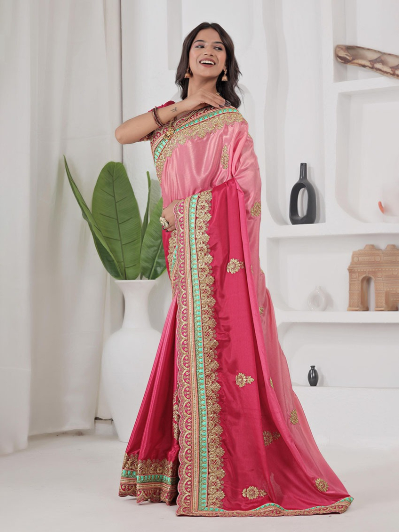 Authentic Elegant Ethnic Traditional Festive Rani Pink Chinnon Silk Saree