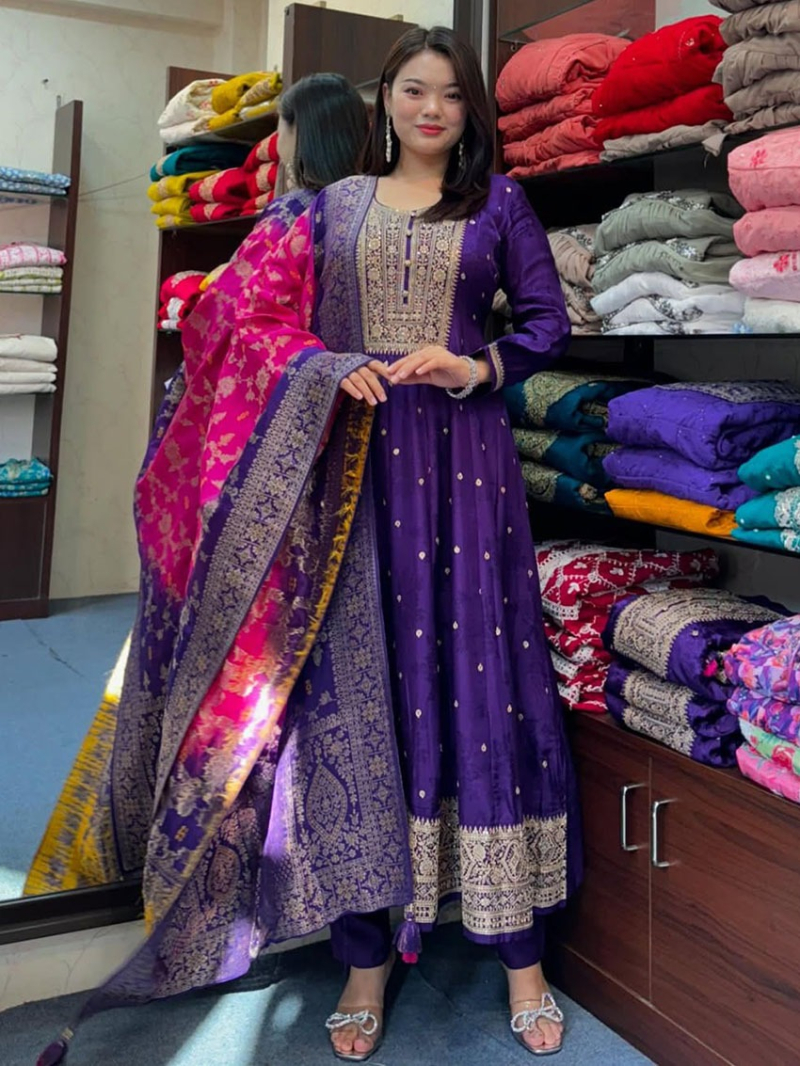 Authentic Ethnic Festive Traditional Silk Dark Purple Anarkali Suit
