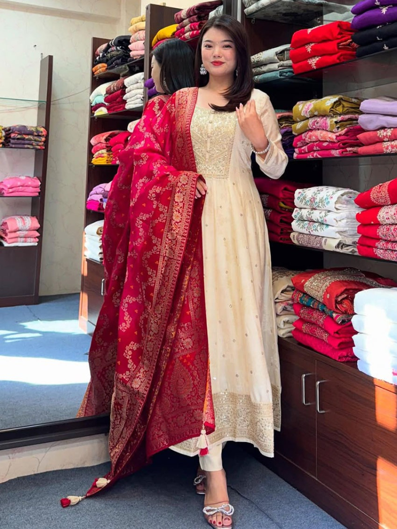 Authentic Ethnic Traditional Festive Off White Silk Anarkali Suit