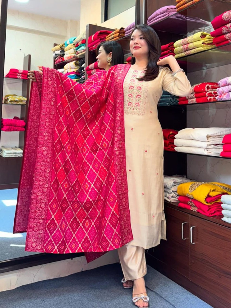 Authentic Elegant Ethnic Festive Traditional Cream & Rani Pink Straight Suit