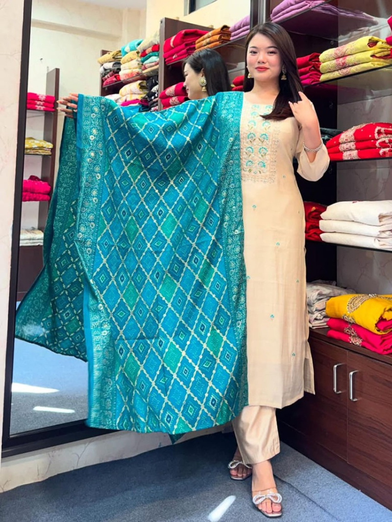 Elegant Ethnic Traditional Festive Cream & Peacock Blue Straight Suit