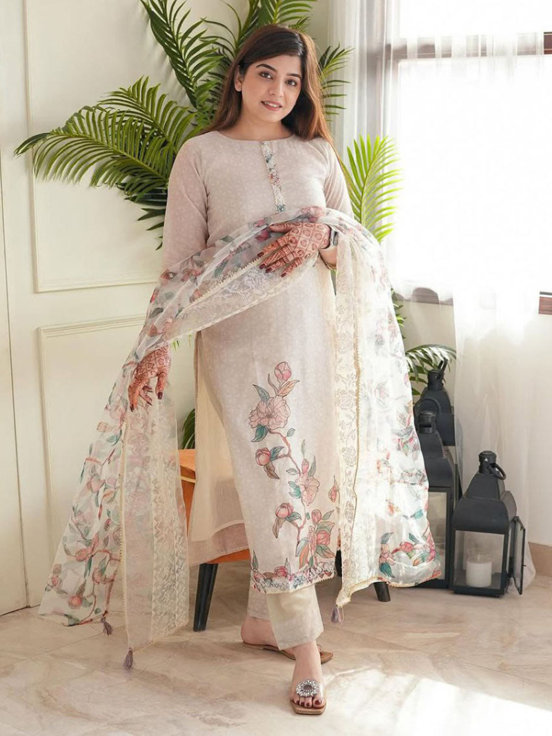 Elegant Ethnic Festive Traditional Off White Linen Straight Suit