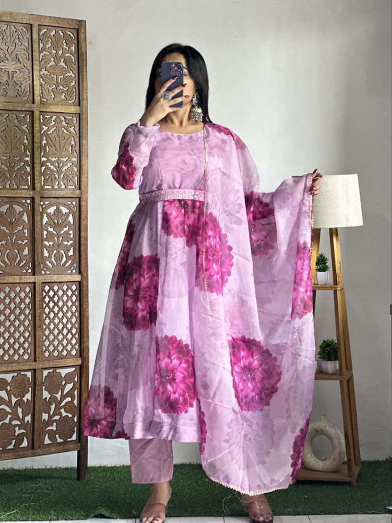 Elegant Ethnic Festive Traditional Lilac Organza Anarkali Suit