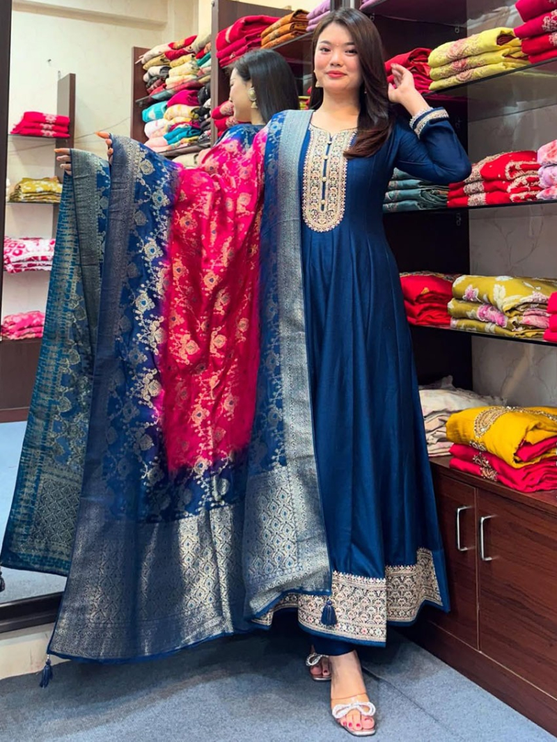 Authentic Ethnic Elegant Traditional Festive Blue Silk Anarkali Suit