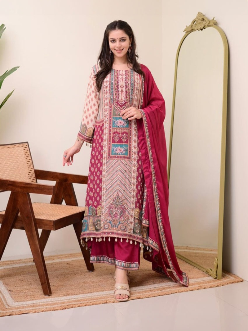 Authentic Elegant Festive Ethnic Traditional Maroon & Cream Base Chinnon Plazo Suit