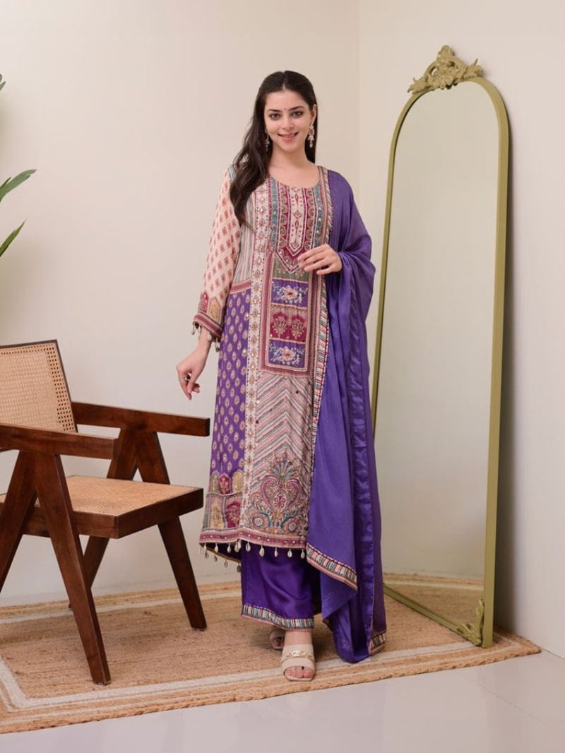 Authentic Ethnic Elegant Traditional Festive Royal Purple & Cream Base Plazo Suit