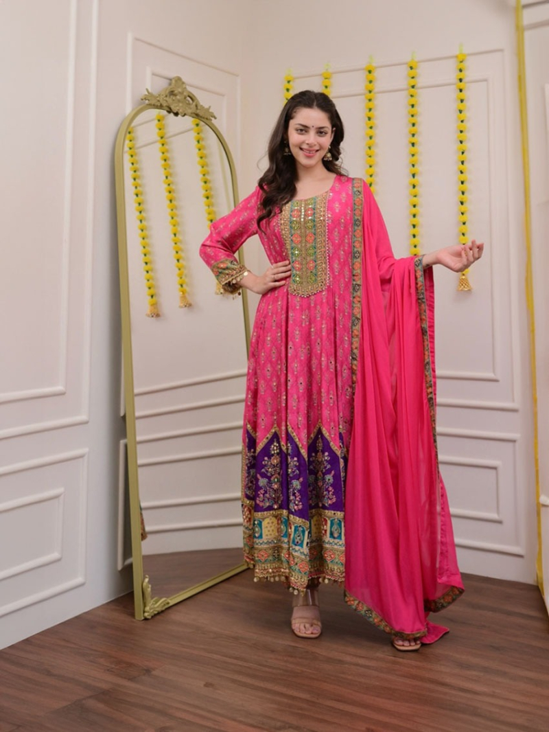 Elegant Rani Pink Chinnon Festive Anarkali Suit
