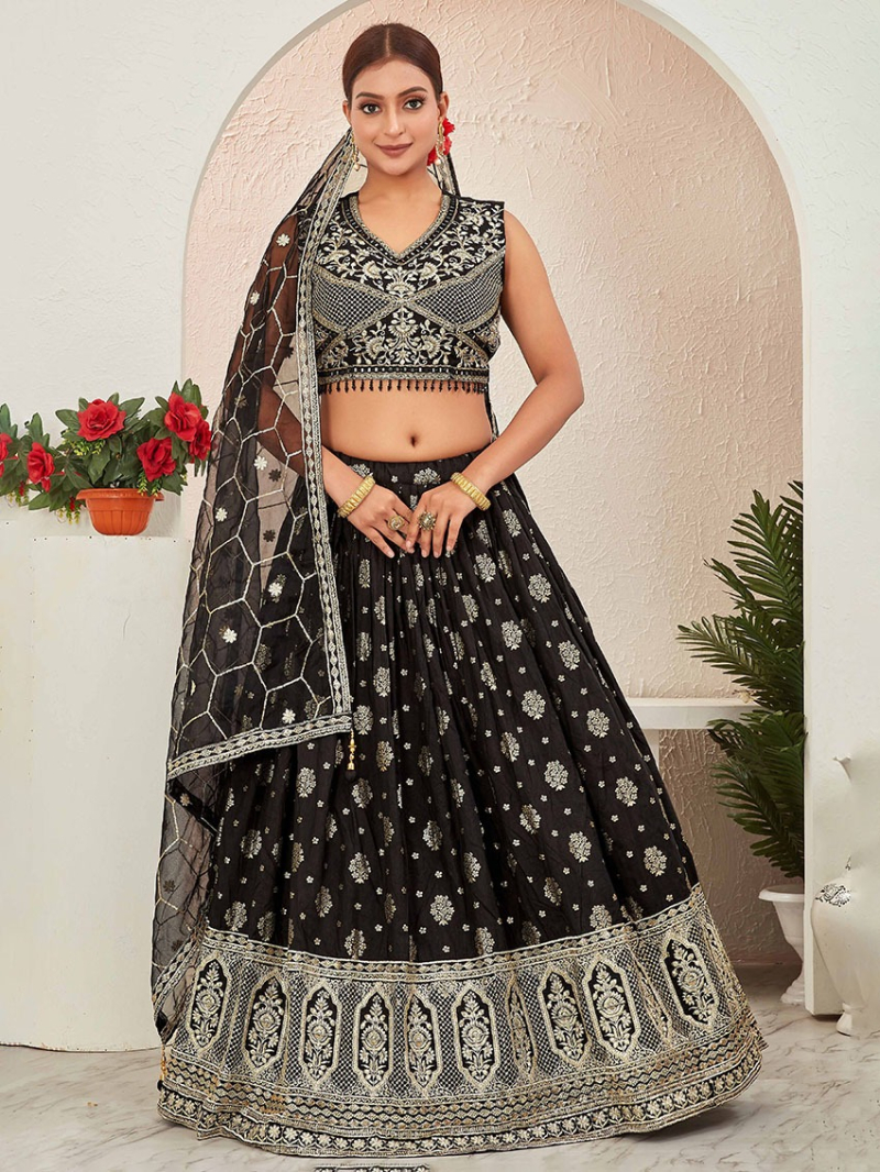 Elegant Traditional Ethnic Festive Jacquard Dola Silk Lehanga Suit