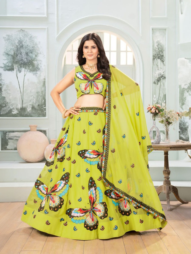 Designer Ethnic Elegant Parrot Green Georgette Lehanga Suit