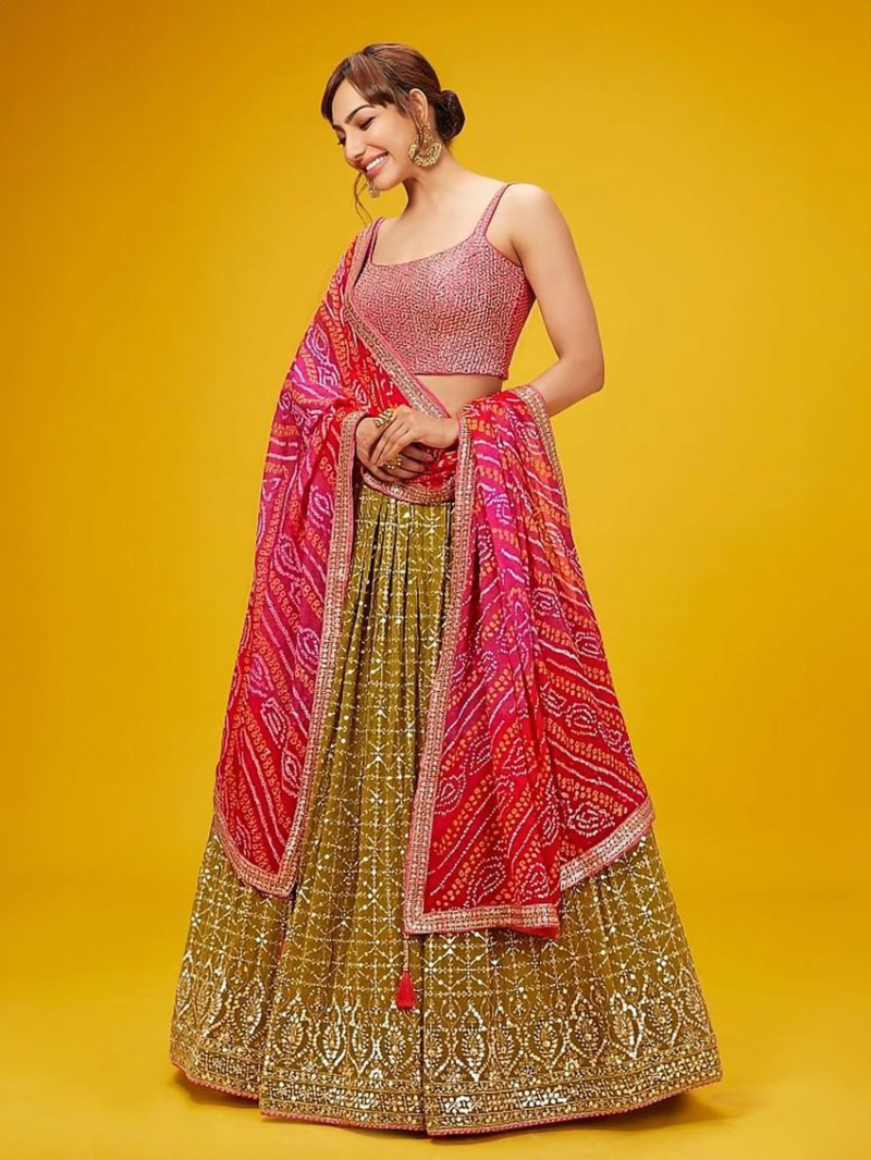 Designer Traditional Ethnic Olive Green Georgette Lehanga Suit