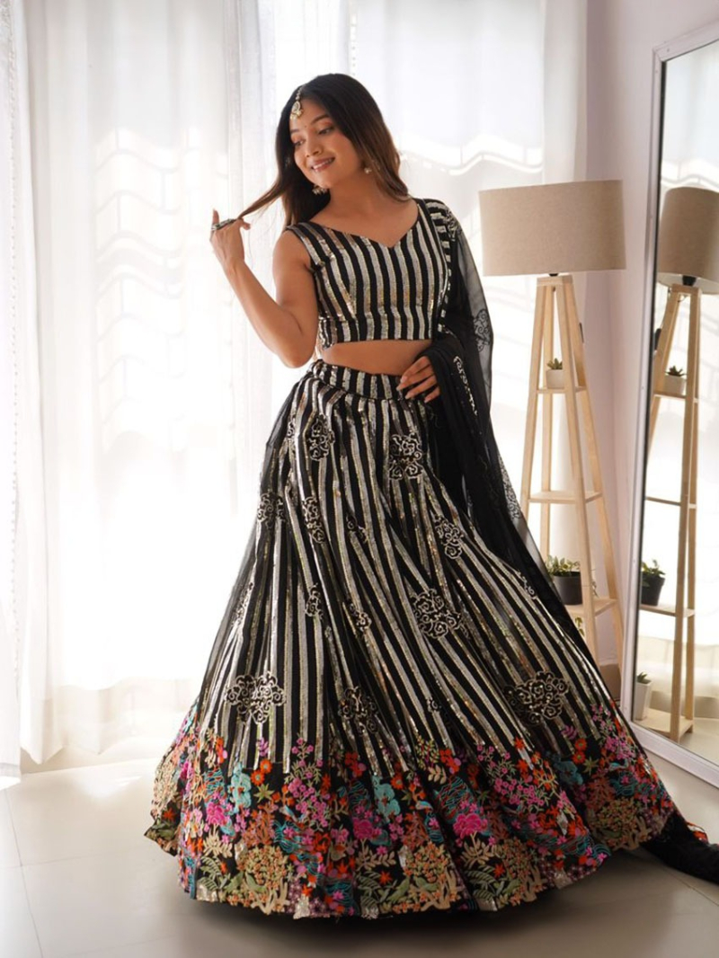 Elegant Ethnic Festive Black Faux Georgette Lehanga Suit