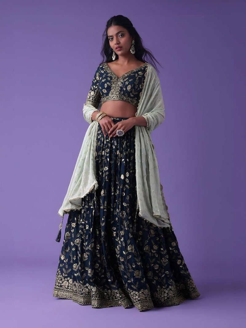 Elegant Designer Ethnic Navy Blue Georgette Lehanga Suit