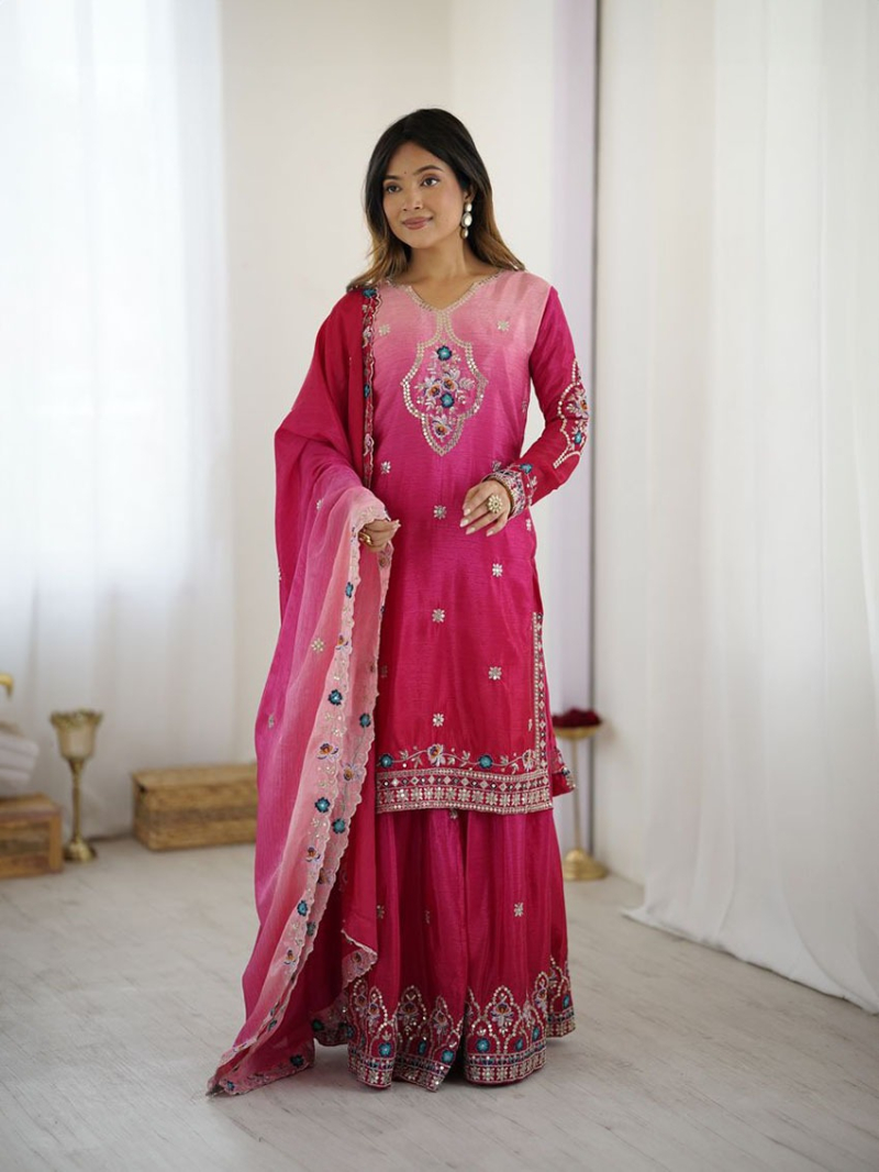 Traditional Ethnic Festive Rani Pink Chinnon Silk Sharara Suit