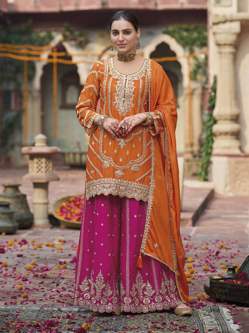 Authentic Elegant Festive Oragne Chinnon Silk Plazo Suit