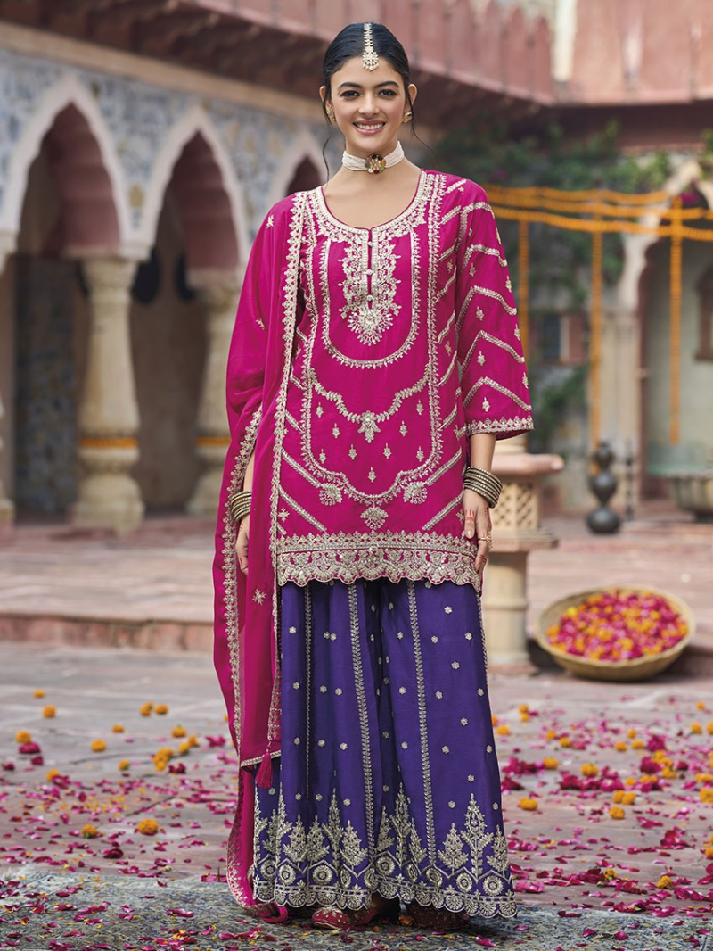 Designer Elegant Festive Rani Pink Chinnon Silk Plazo Suit