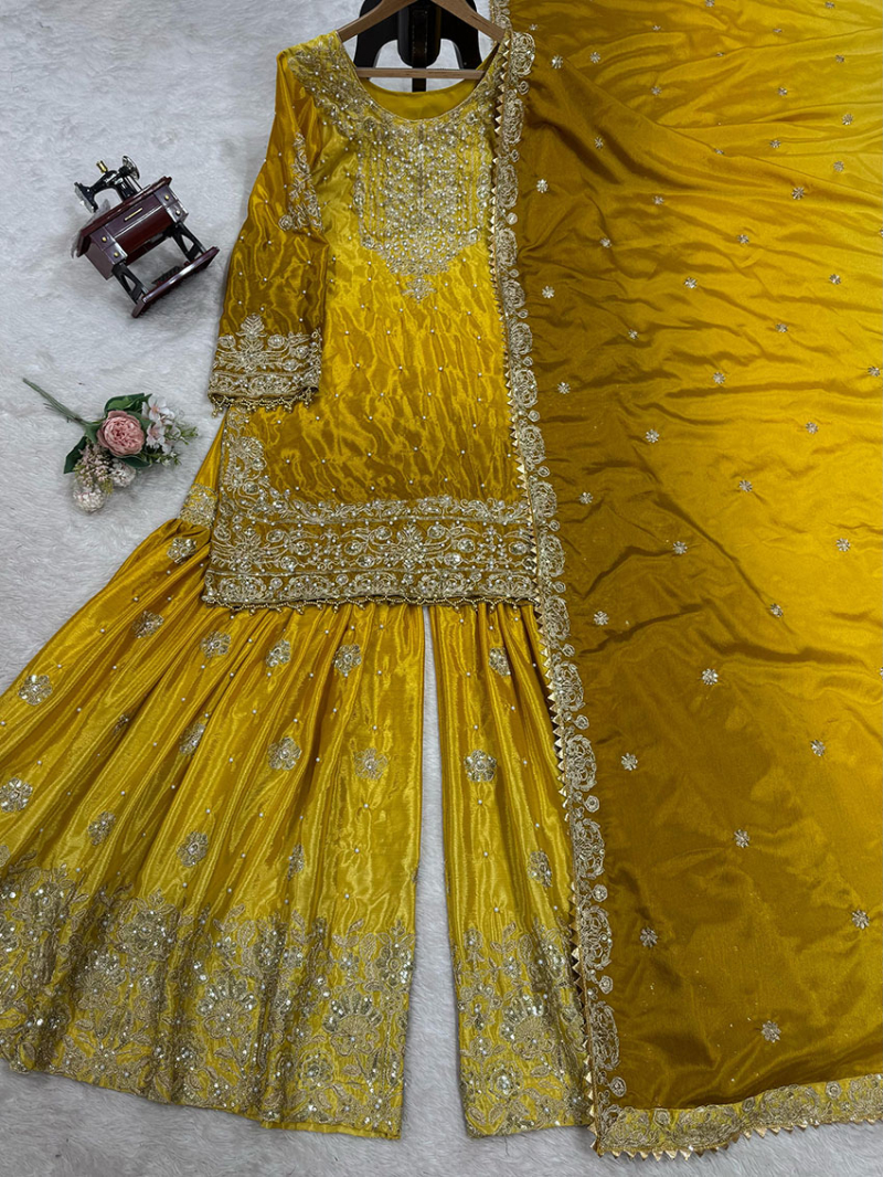  Elegant Ethnic Traditional  Chinnon Silk Sharara Suit