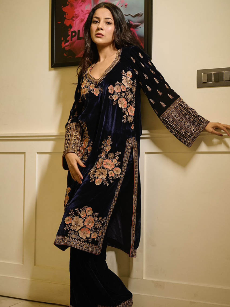 Elegant Ethnic Traditional Navy Blue Viscose Velvet Straight Suit