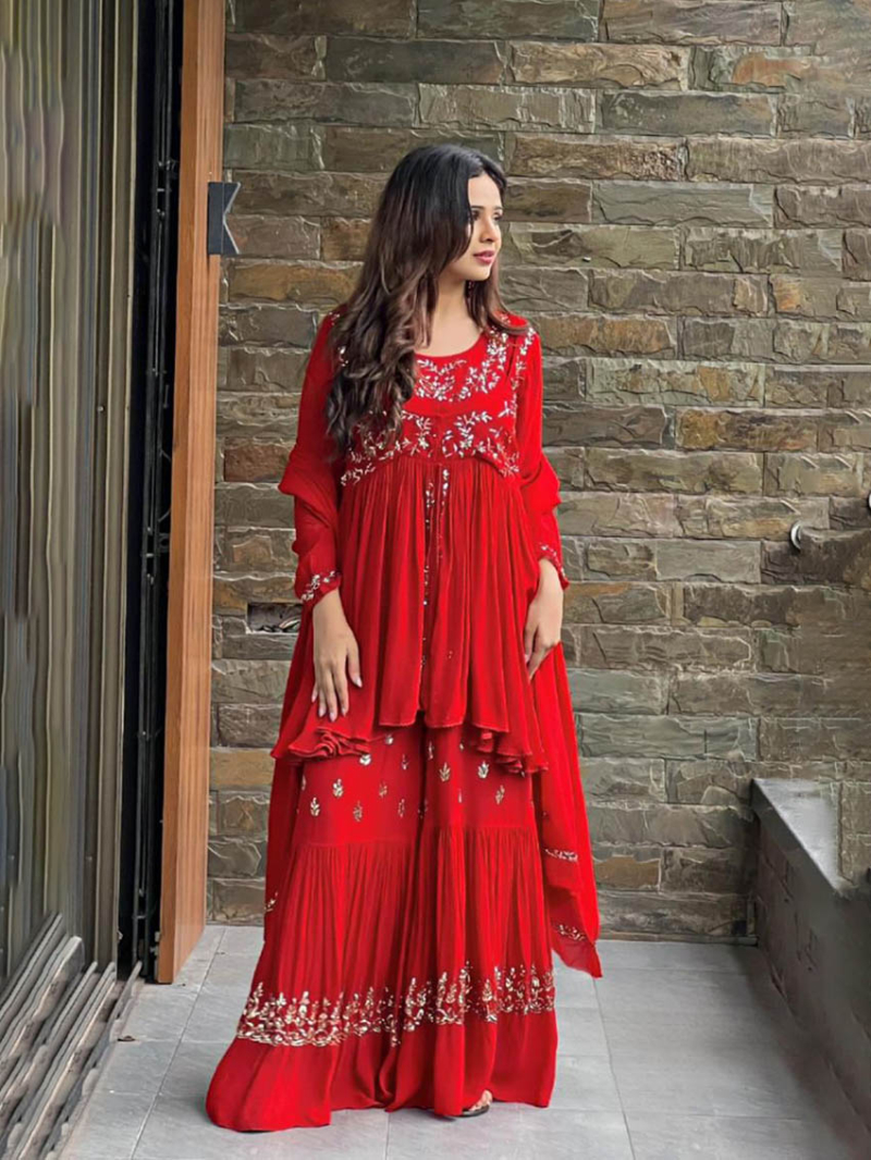 Designer Elegant Ethnic  Festive Red Georgette Sharara Suit
