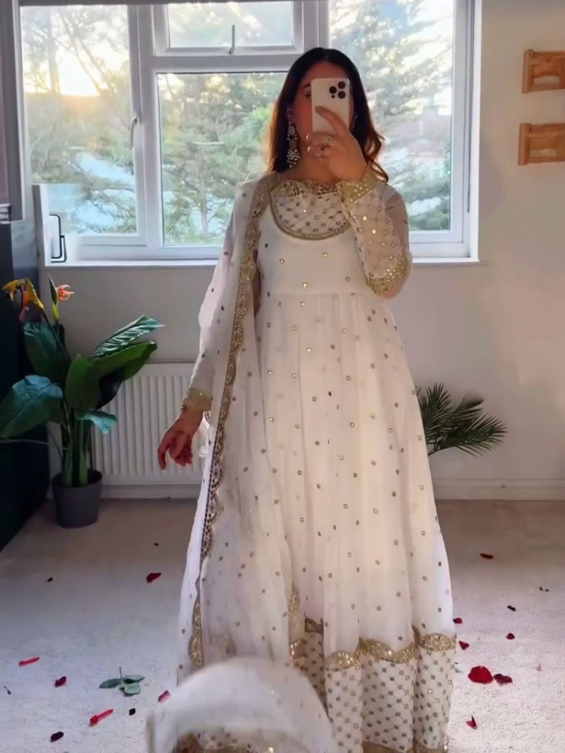 Elegant Traditional Festive Ethnic Off White Georgette Anarkali Suit