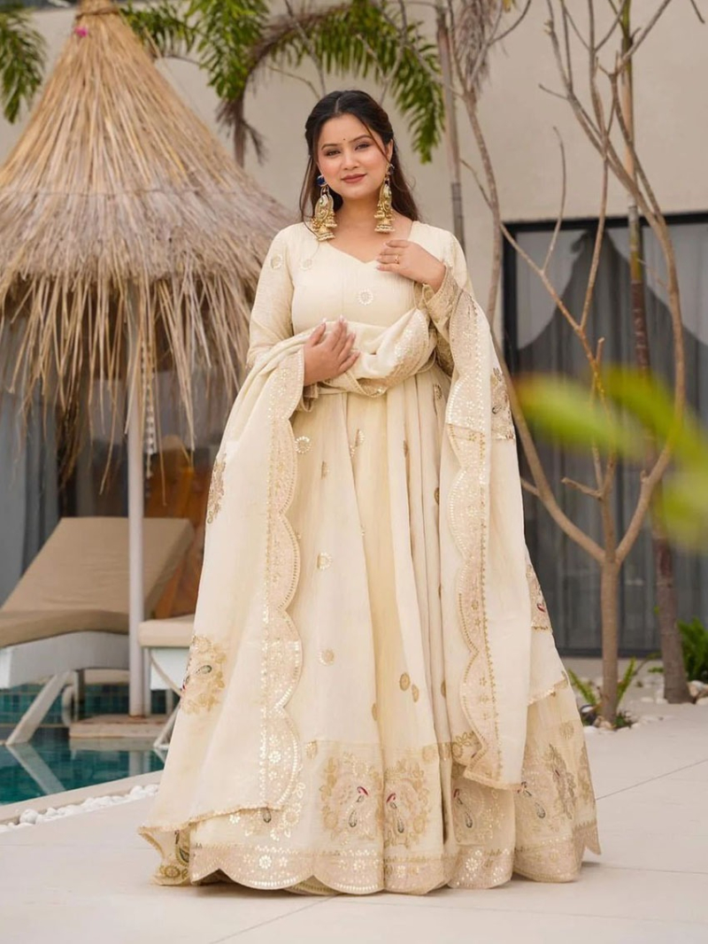 Designer Elegant Ethnic Festive Cream Chinnon Silk  Anarakali Suit