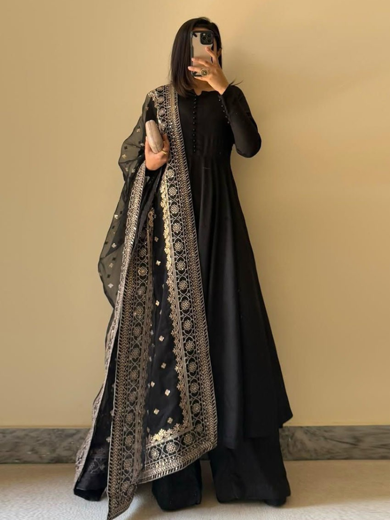 Elegant Traditional Ethnic Black Chinnon Silk Plazo Suit
