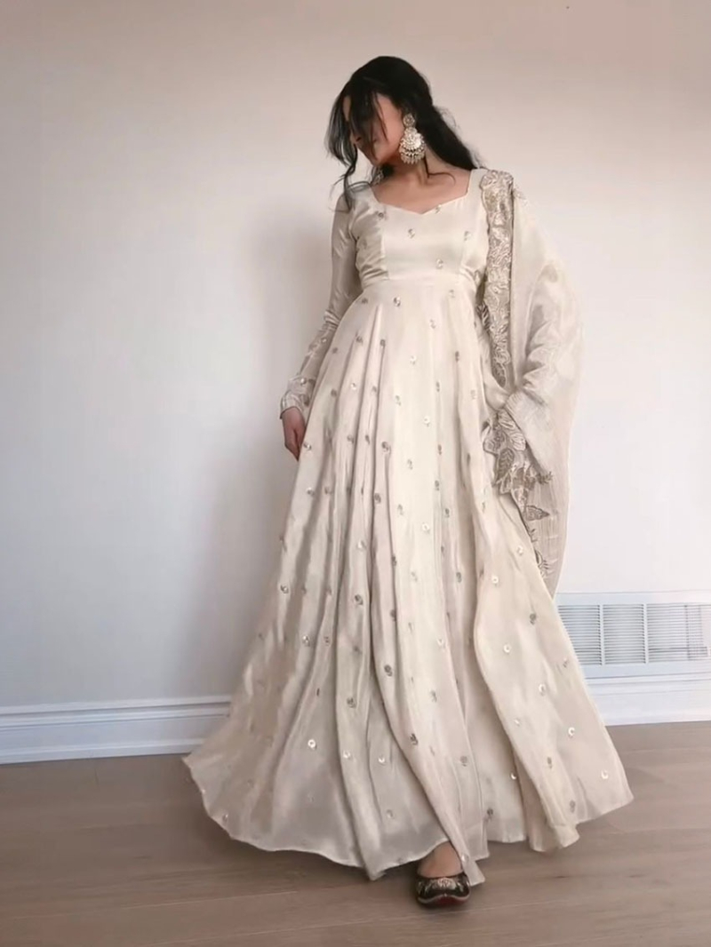 Festive Elegant Traditional Elegant Off White Chinnon Silk Anarkali Suit