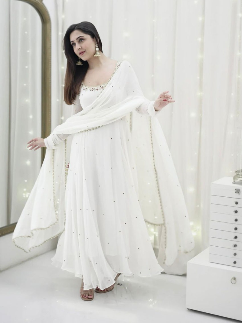 Elegant Ethnic Traditional Festive White Georgette Anarkali Suit