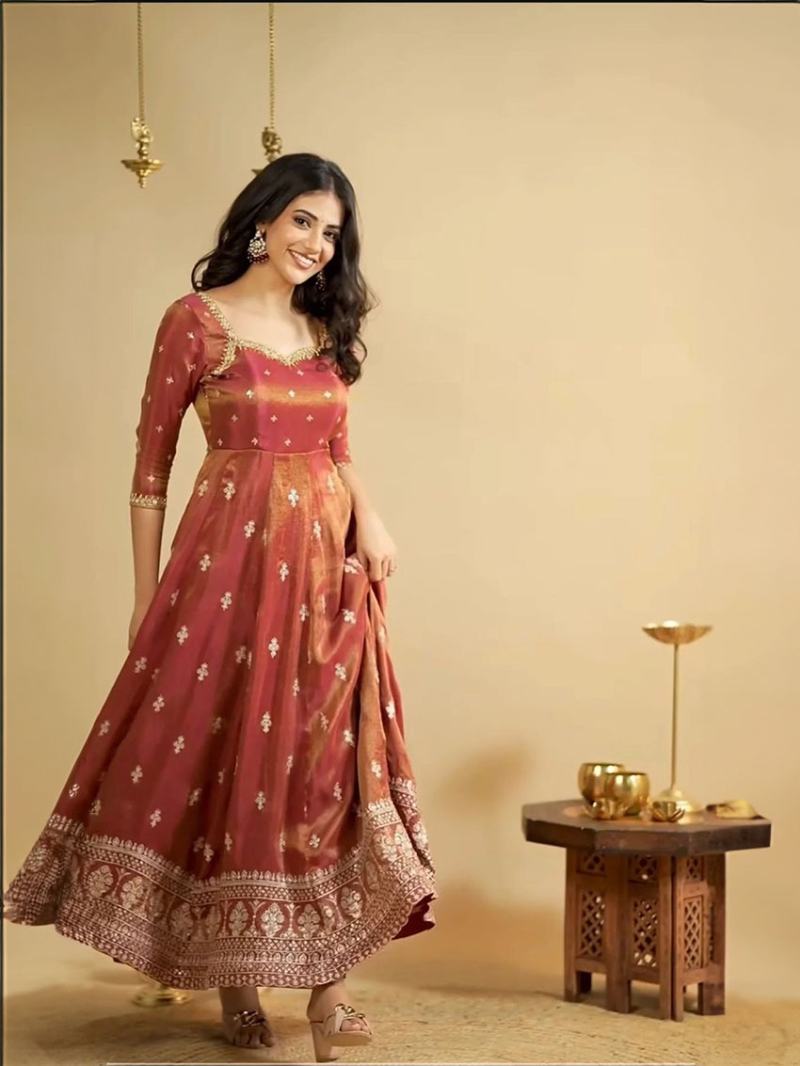 Traditional Elegant Ethnic Festive Burnt Orange Shimmer Silk Anarkali Suit