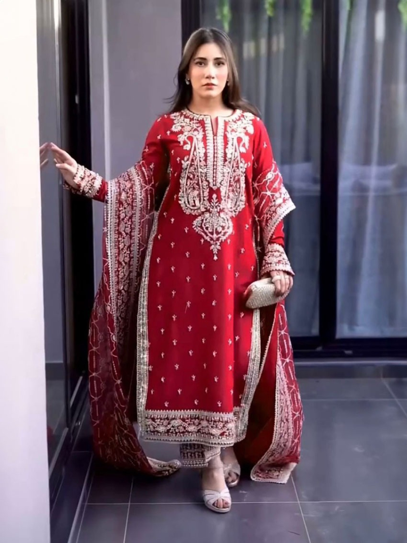Authentic Elegant Ethnic Festive Red Roman Silk Plazo Suit