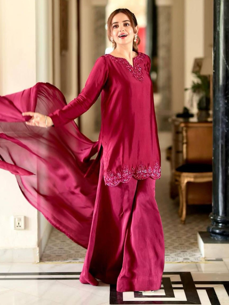 Designer Elegant Festive Ethnic Raspberry Crepe Silk  Farshi Plazo Suit