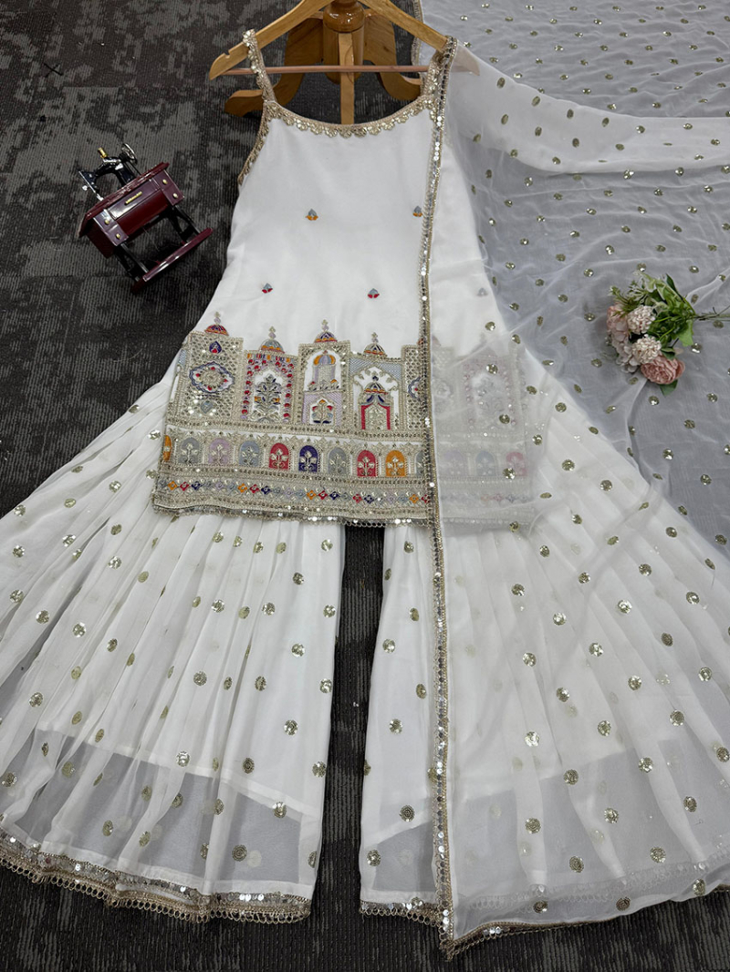 Authentic Traditional Ethnic Festive White Georgette Sharara Suit