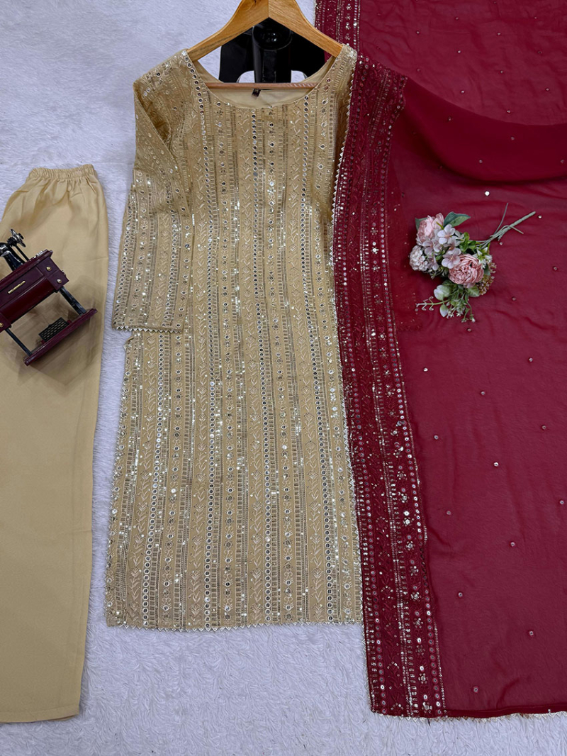 Elegant Ethnic Traditional Festive Golden Beige Georgette Straight Suit