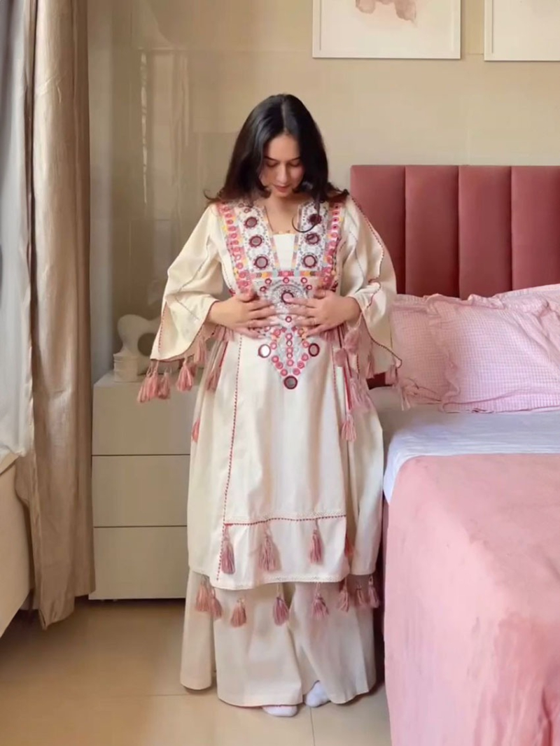 Elegant Traditional Ethnic Festive Off White Rayon Plazo Suit