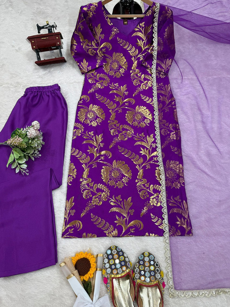 Authentic Ethnic Festive Traditional Purple  Jacquard Straight Suit