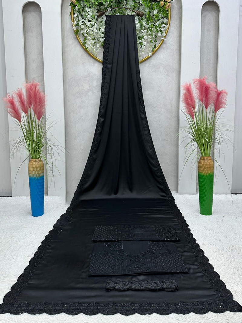 Elegant Traditional Festive Black Satin Silk Saree