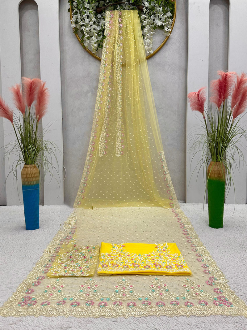 Designer Elegant Ethnic Yellow Soft Net Saree