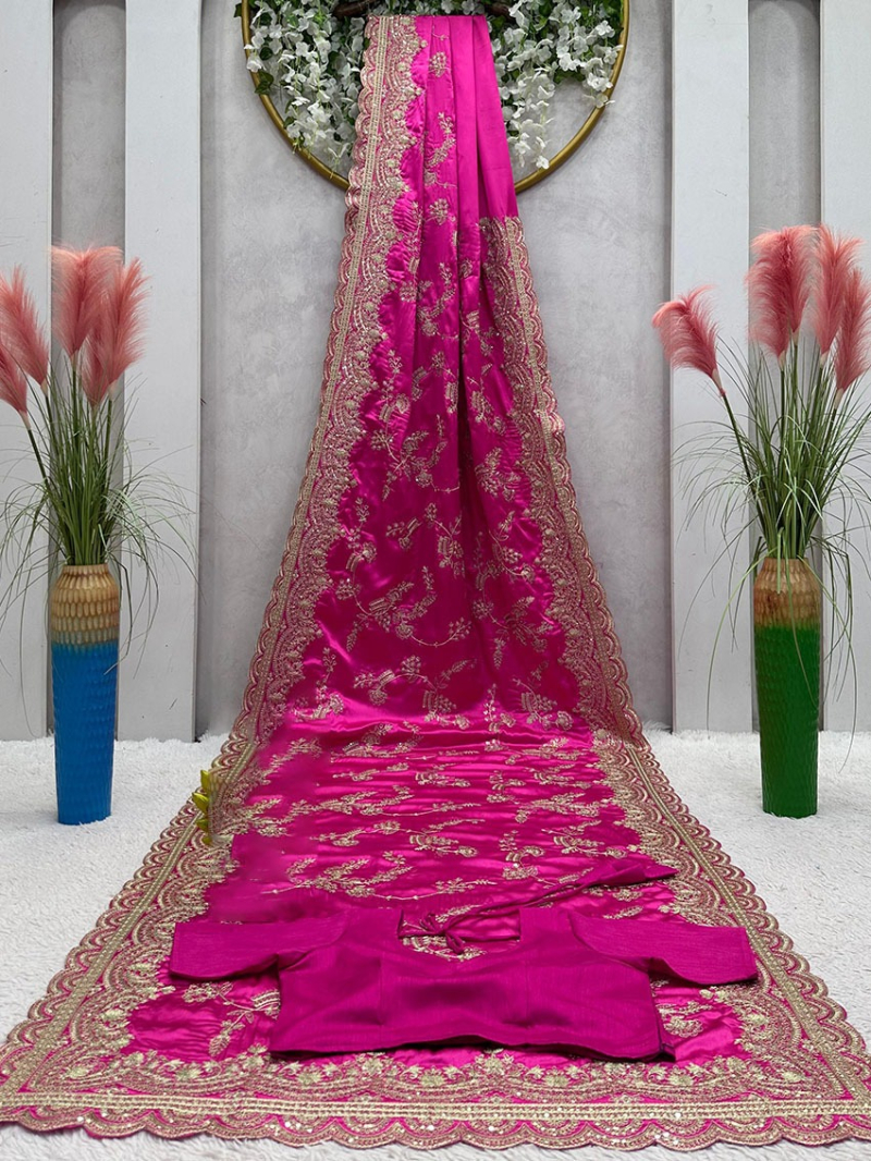 Designer Elegant Ethnic Rani Pink Japan Satin Silk Saree