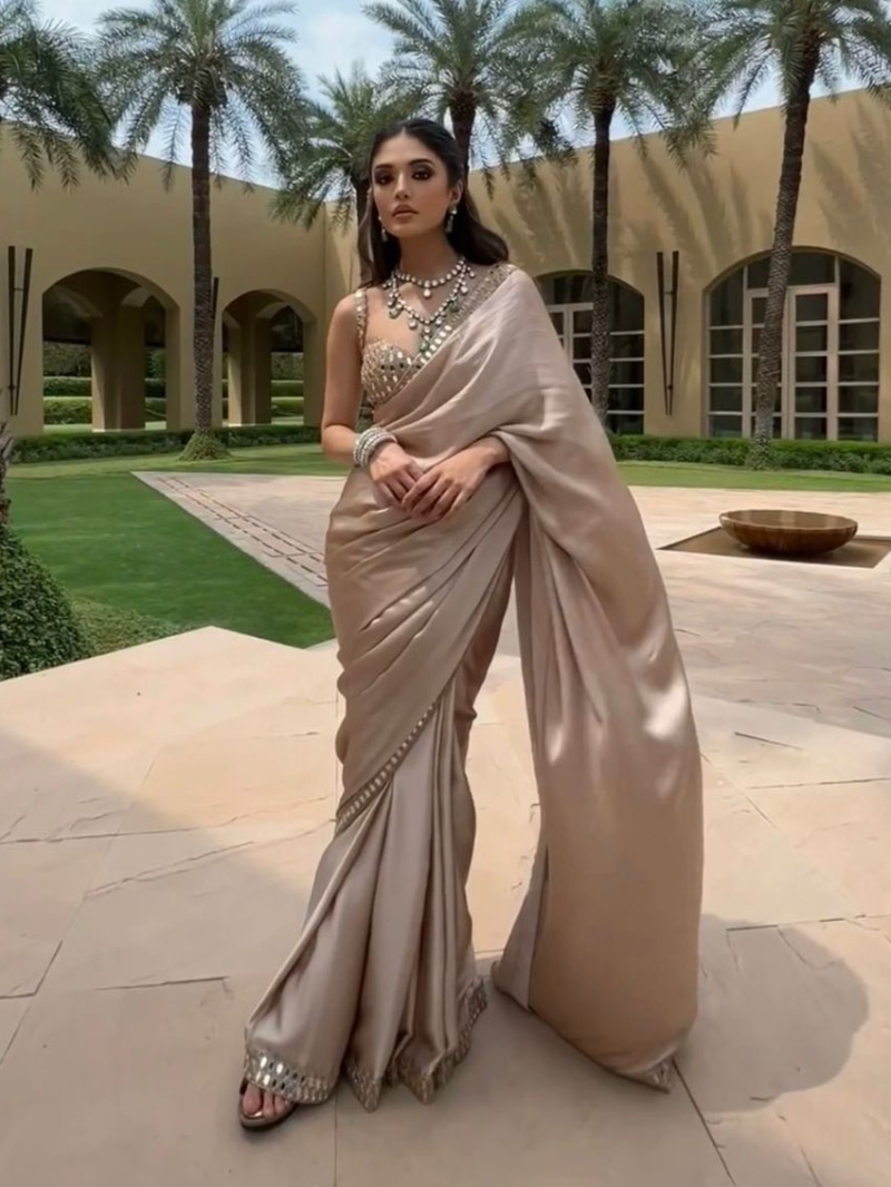 Designer Ethnic Festive Champagne Beige Satin Silk Saree