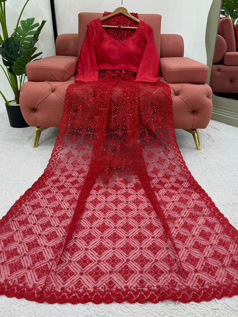 Elegant Traditional Festive Crimson Red Soft Net Saree