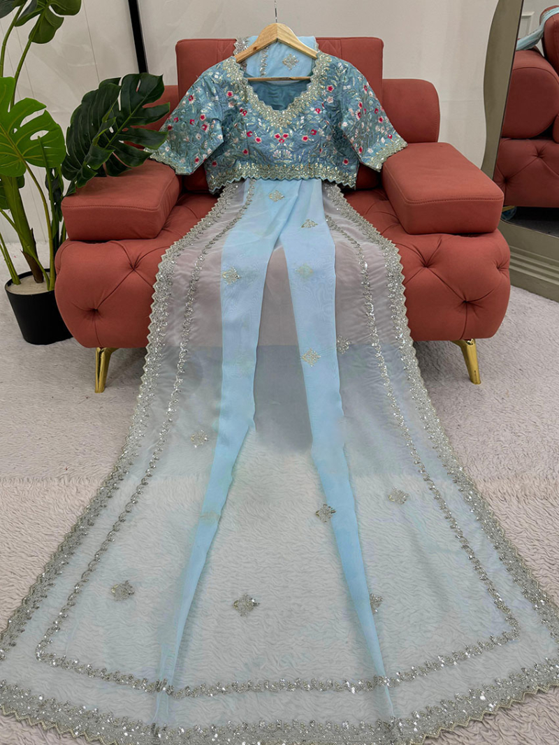Authentic  Elegant Traditional Festive Light Blue Tabby Silk Saree