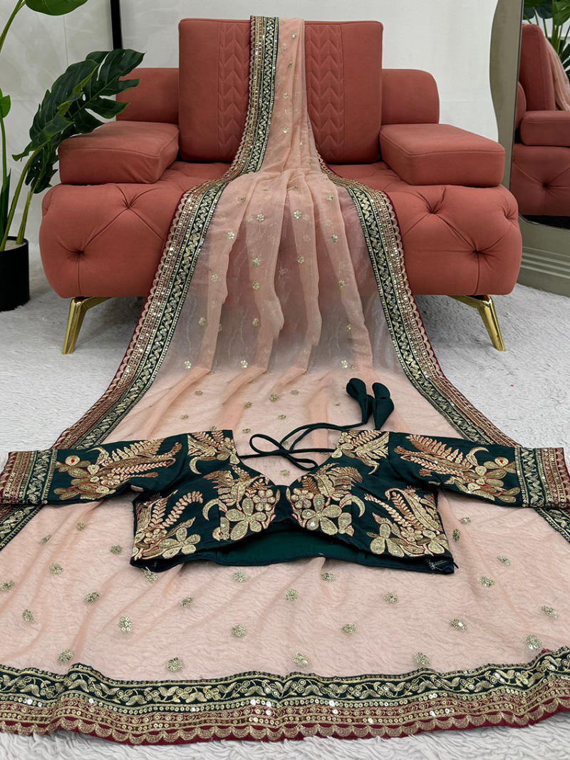 Elegant Ethnic Traditional Light Peach Twill Net Saree