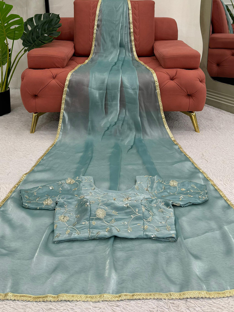 Designer Ethnic Festive Dusty Teal Green Jimmy Choo Saree