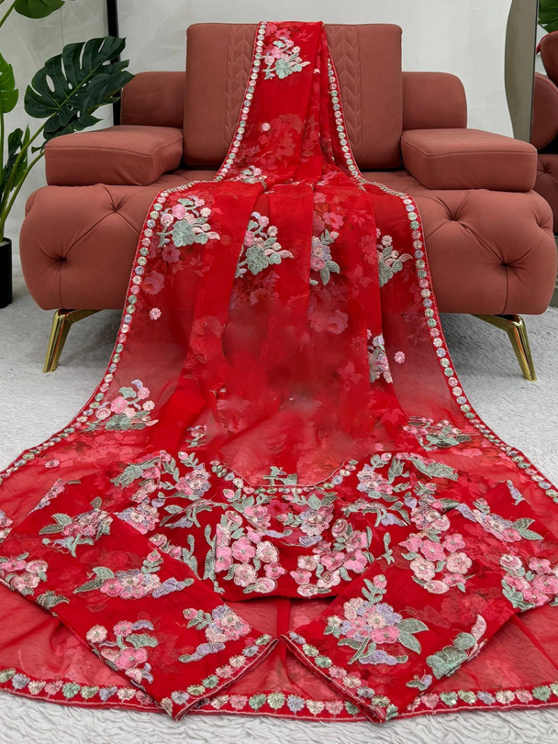 Traditional Ethnic Elegant Crimson Red  Georgette Saree
