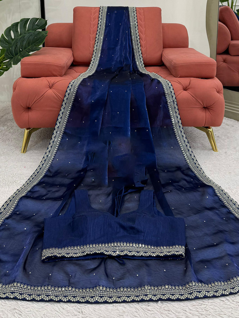 Elegant Ethnic Traditional Royal Blue Organza Silk Saree